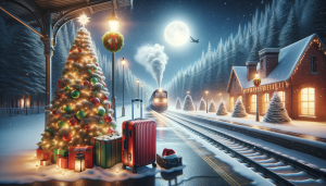 Christmas Poems About Holiday Travel: A cozy winter scene featuring a family gathered around the fireplace, reminiscing about their journeys home for Christmas, with festive decorations and a holiday tree in the background.