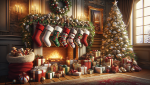 Christmas Poems About Stockings and Gifts: A festive illustration capturing the joy of holiday surprises, featuring colorful stockings filled with gifts, surrounded by twinkling lights and cheerful decorations.