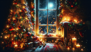 7 Christmas Poems About Christmas Eve: A cozy scene with a warm fireplace, decorated Christmas tree, and family gathered together, reflecting the magic and anticipation of Christmas Eve.