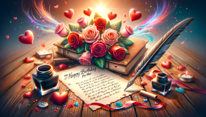 7 Happy Birthday Poems for Her: Romantic and loving words captured in a beautifully decorated birthday card surrounded by colorful flowers and candles, symbolizing love and celebration for her special day.