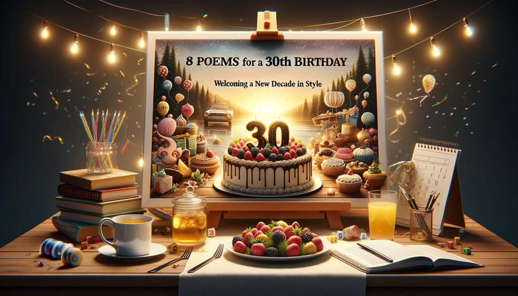 8 Poems for a 30th Birthday: Celebratory imagery of elegant birthday decorations, a cake adorned with candles, and friends sharing joyful moments, capturing the essence of welcoming a new decade in style.