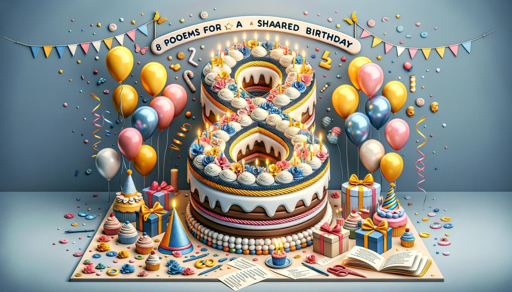 8 Poems for a Shared Birthday: Two heartfelt poems celebrating love and friendship for a shared birthday, illustrated with vibrant birthday-themed decorations and joyful moments.