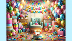 8 Poems for a Surprise Birthday Party: Colorful balloons and a beautifully decorated cake set the scene for a joyful celebration, capturing the excitement of unexpected birthday surprises.