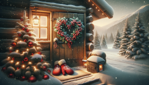 Romantic Christmas Poems: Cozy scene of a couple reading love poems by the fireplace surrounded by holiday decorations and soft, sparkling lights, capturing the warmth and intimacy of winter romance.